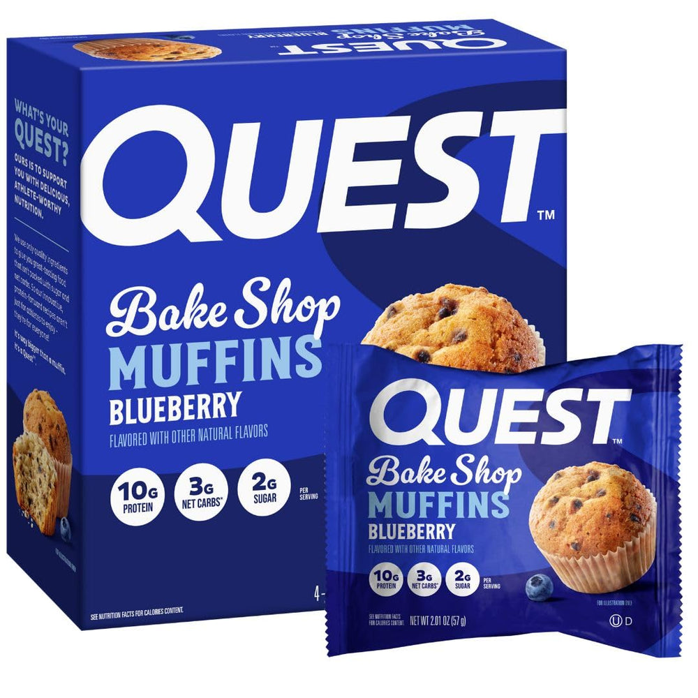 Quest Blueberry Muffins pack shot: protein snack ready for on-the-go fueling.