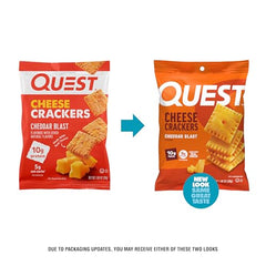 Close-up of Quest Cheddar Blast crackers revealing real cheese texture and crunch.