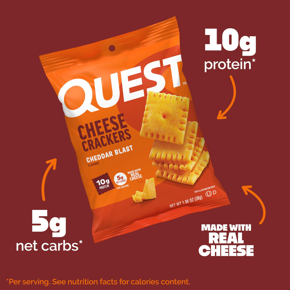 Quest Cheddar Blast in hand highlights grab-and-go protein snack.