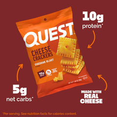Quest Cheddar Blast in hand highlights grab-and-go protein snack.