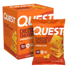 Quest Cheddar Blast cheese crackers in pack showcase bold flavor for on-the-go snacking.