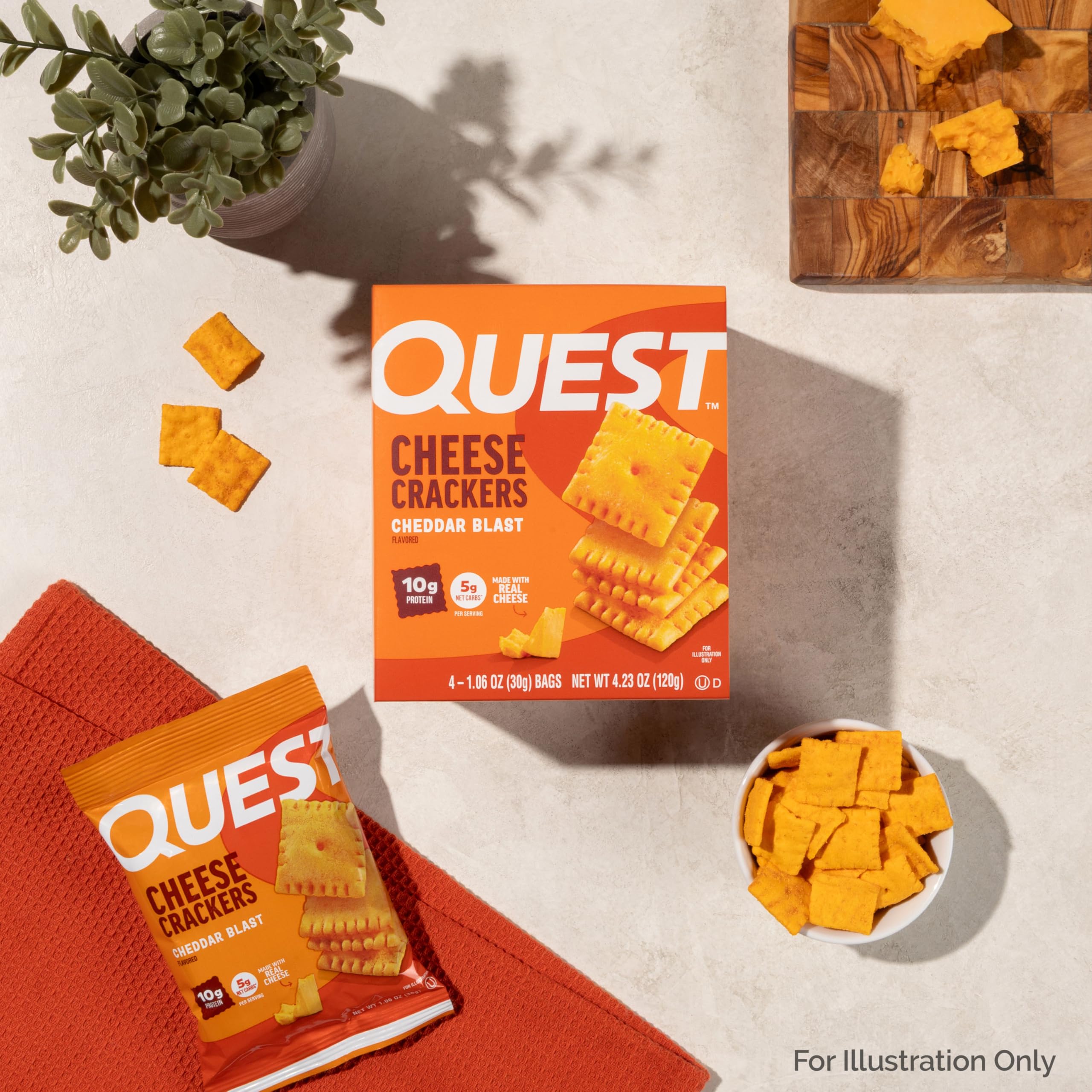 Snack-portion of Quest Cheddar Blast crackers demonstrates convenient grab-and-go protein.