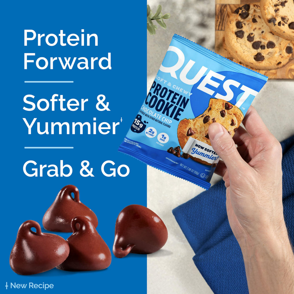 Four-count carton of Quest Chocolate Chip Protein Cookies