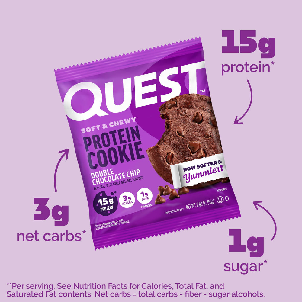 Unwrapped Quest Double Chocolate Chip cookie highlights 15g protein.