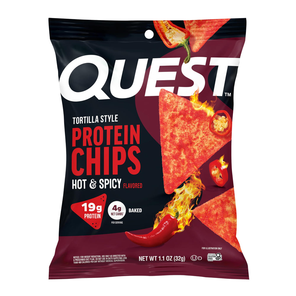 Quest Hot & Spicy Tortilla Style Protein Chips bag for on the go protein and bold flavor