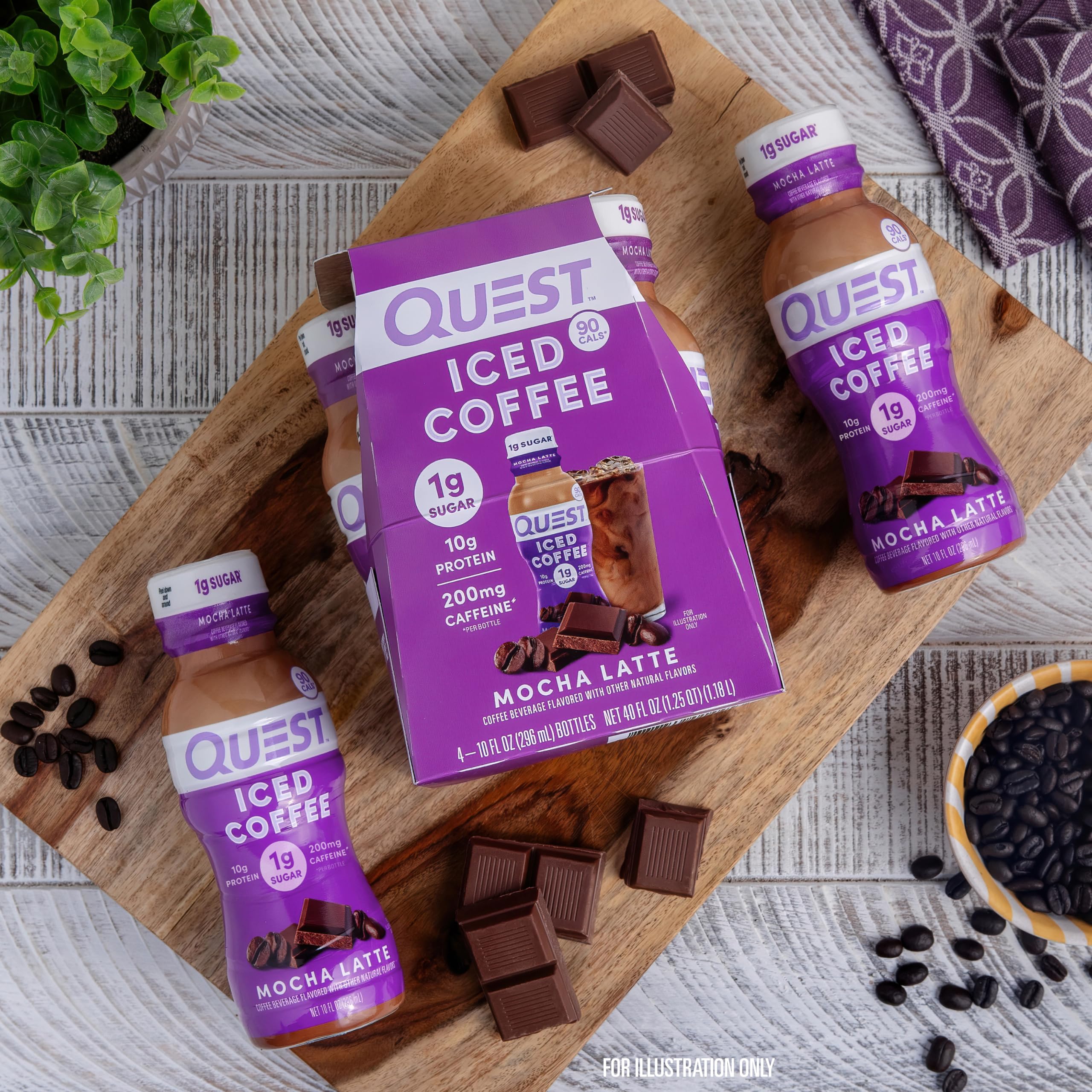 Quest Mocha Latte Iced Coffee with 200 mg caffeine per bottle.