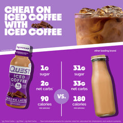 Quest Mocha Latte Iced Coffee glass pour reveals creamy, café-style texture.