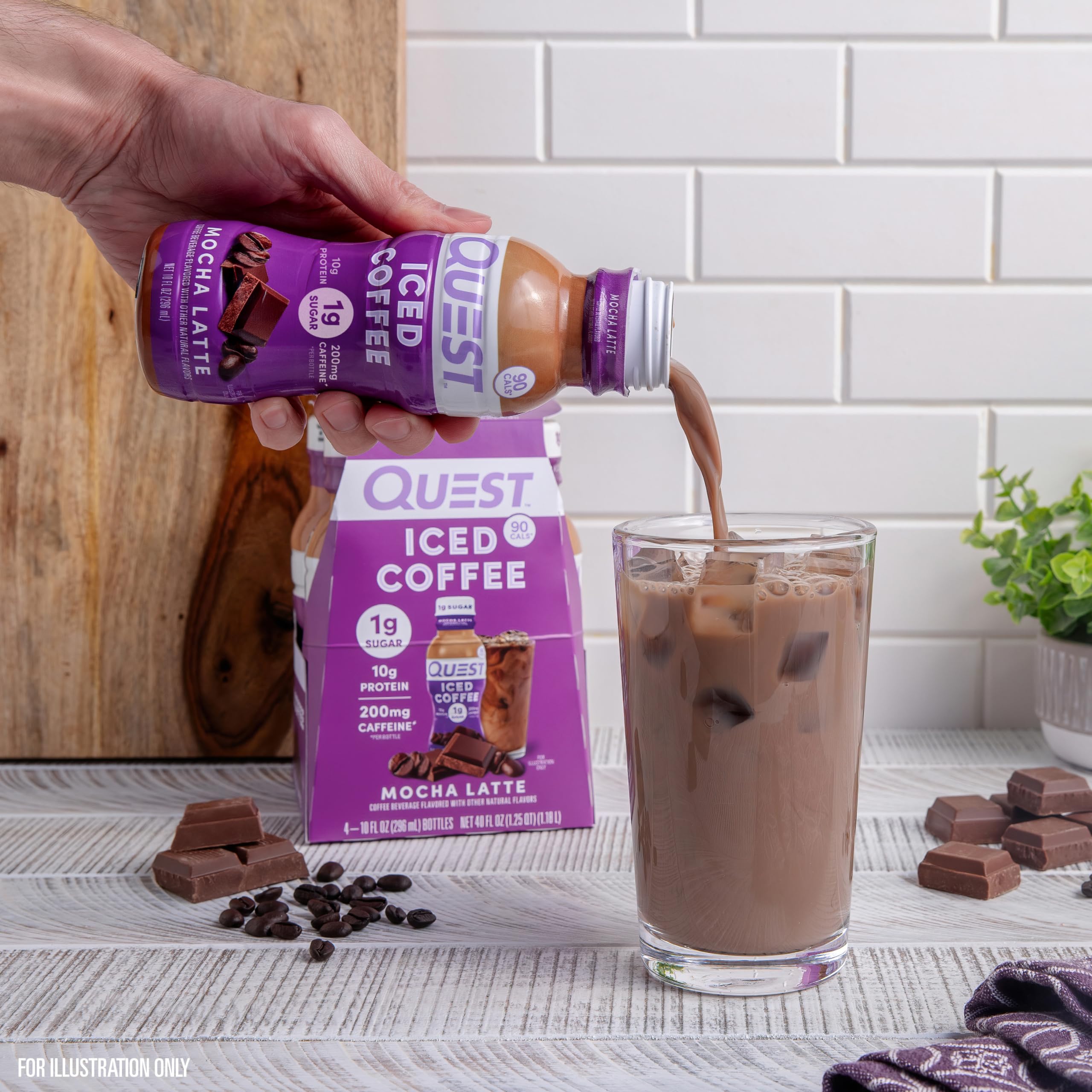 Quest Mocha Latte packaging and 12-bottle carton.