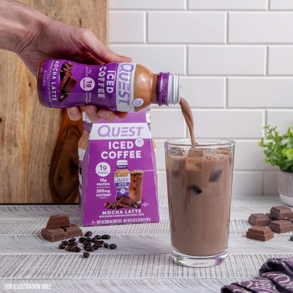 Quest Mocha Latte packaging and 12-bottle carton.