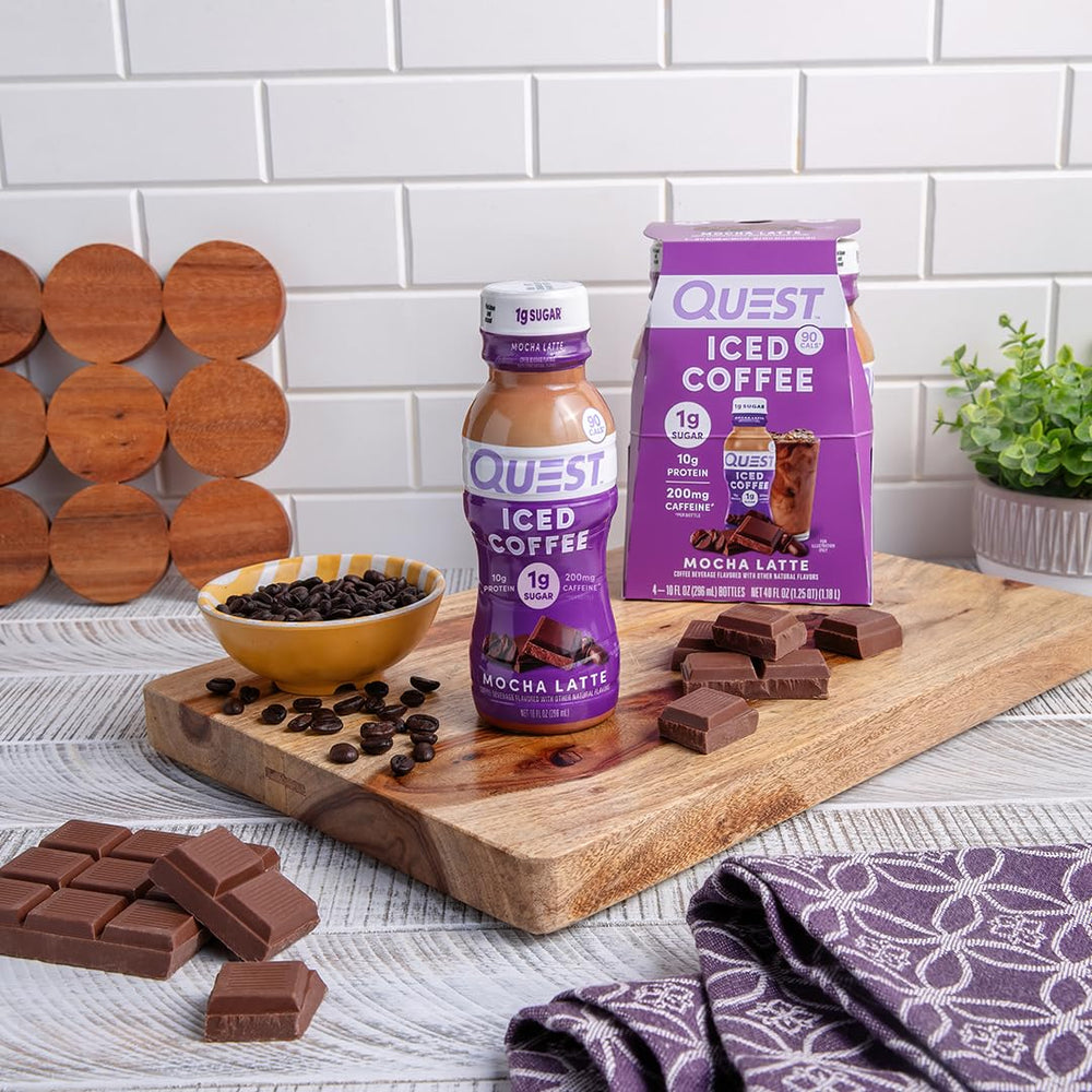 Quest Mocha Latte served over ice, a refreshing option.