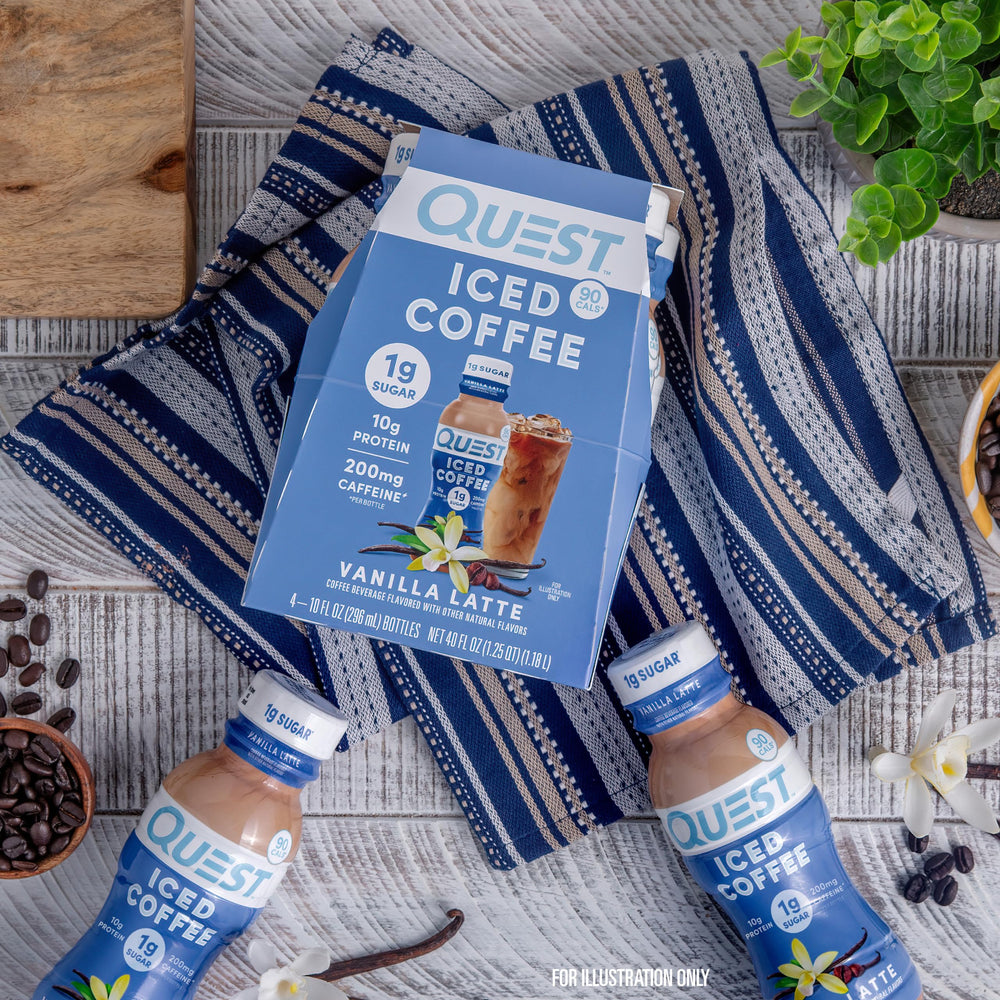 Quest Nutrition facts label close-up with calories and caffeine details.