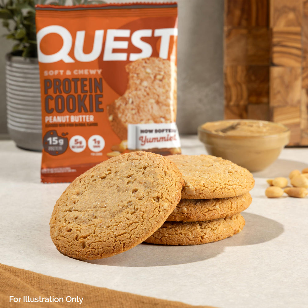 Quest Peanut Butter Protein Cookie carton shows 12-pack convenience