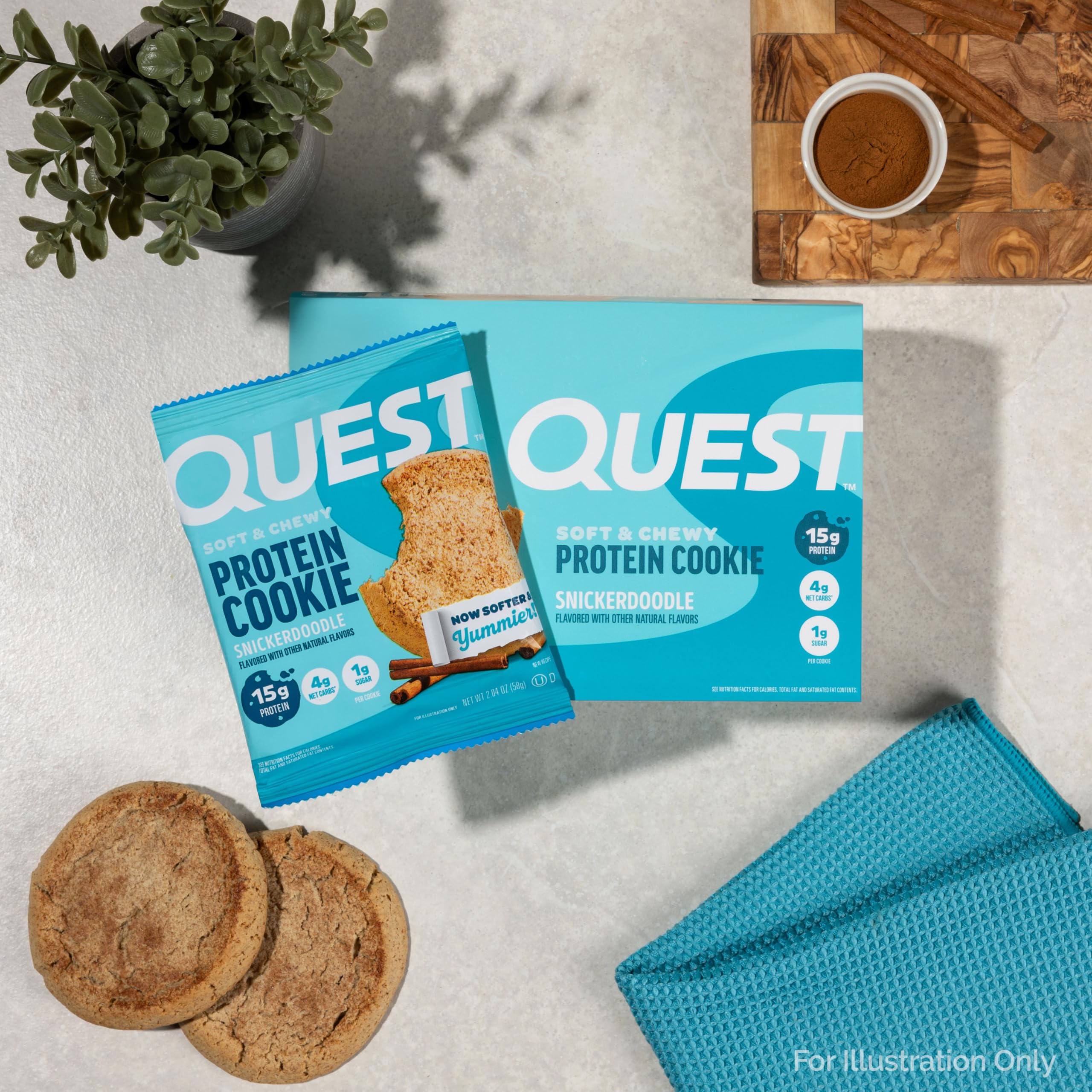 Quest Snickerdoodle protein cookie crumbs close-up teases cinnamon-sugar aroma.