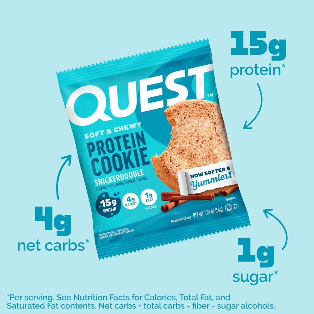 Quest Snickerdoodle protein cookie desk-side shot suggests a quick work snack.