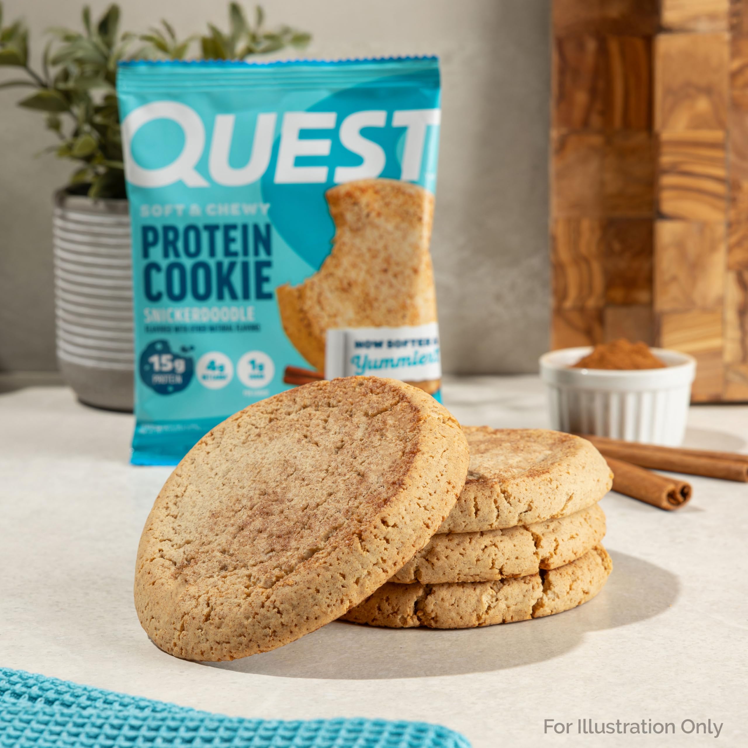 Quest Snickerdoodle protein cookie foil-wrapped image conveys freshness and portability.
