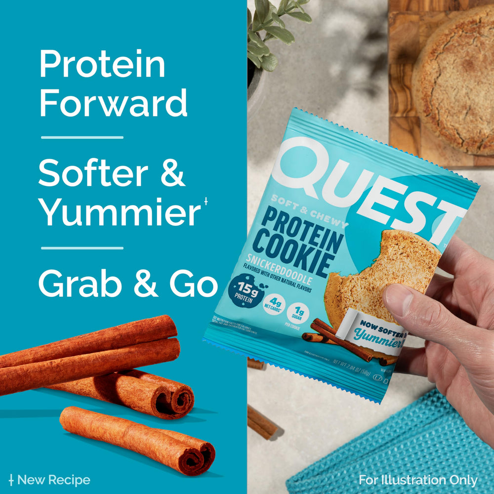 Quest Snickerdoodle protein cookie gym bag shot signals post-workout refuel potential.