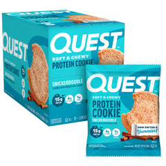 Quest Snickerdoodle protein cookie packaging shows a convenient high-protein snack.