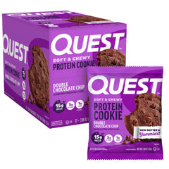 Quest soft & chewy Double Chocolate Chip cookie pack front for on-the-go fueling.
