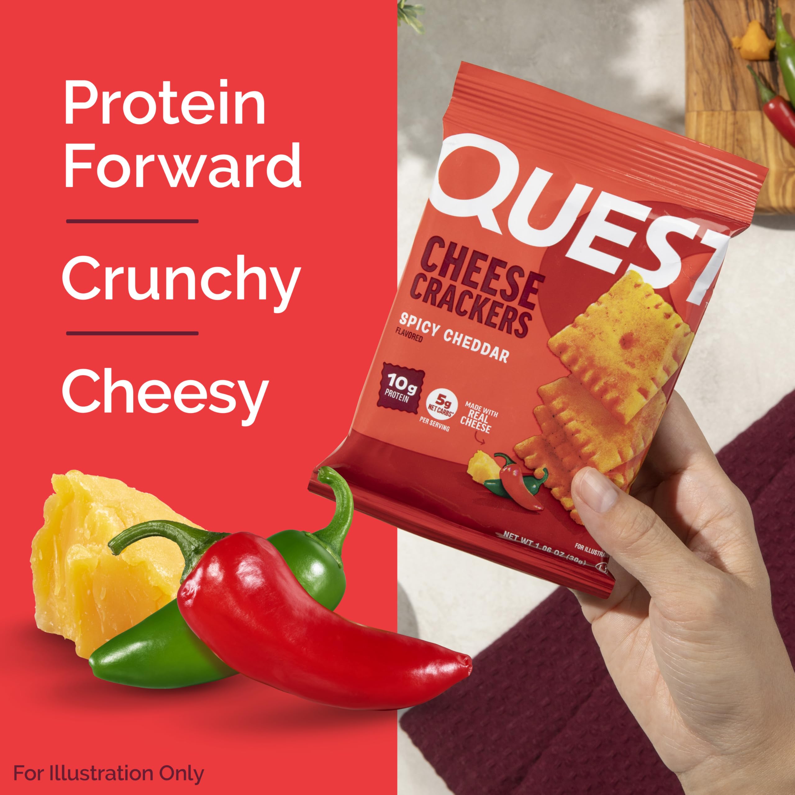 Quest Spicy Cheddar Crackers bowl shot emphasizes fiber-rich bite.