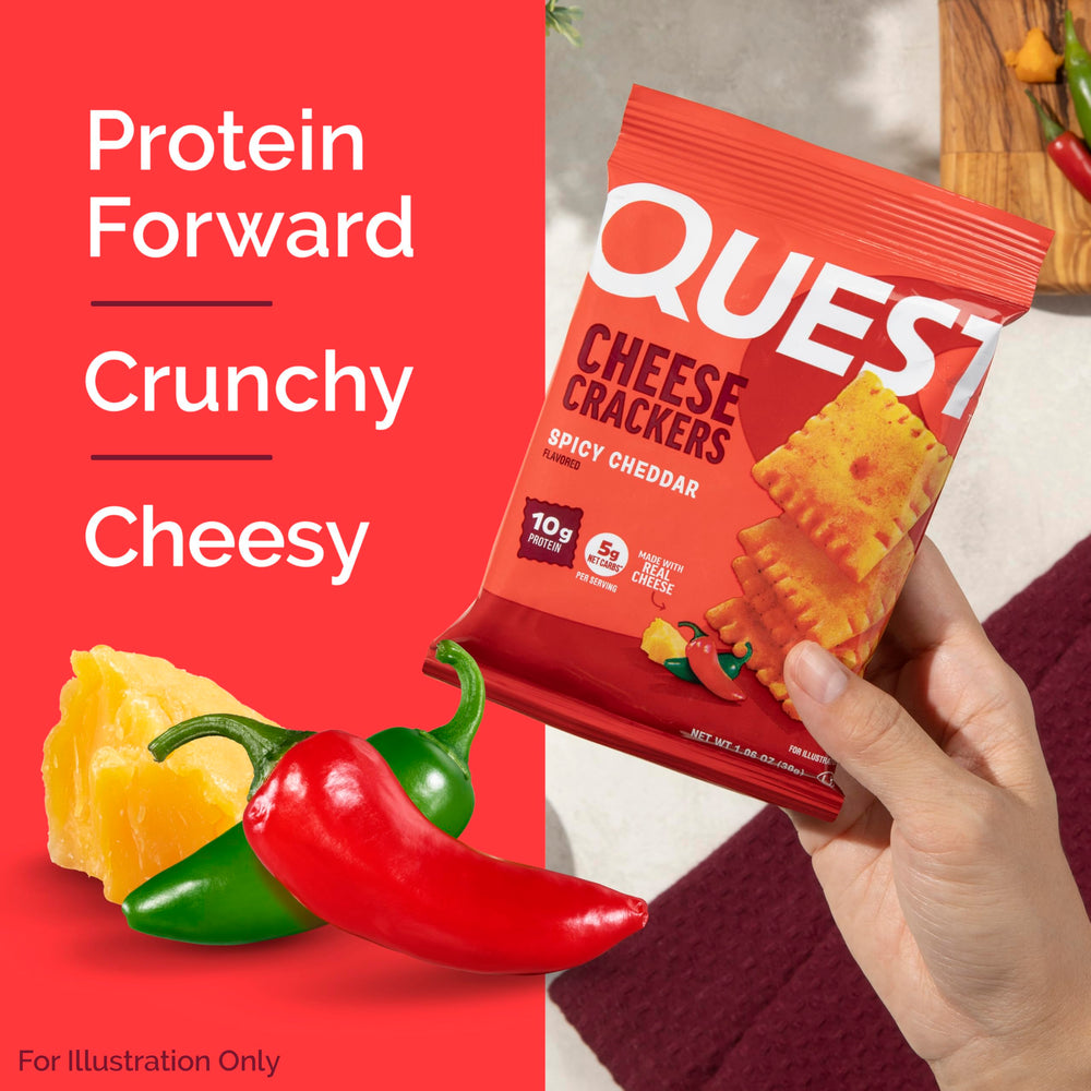 Quest Spicy Cheddar Crackers bowl shot emphasizes fiber-rich bite.