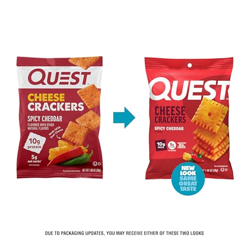 Quest Spicy Cheddar Crackers close-up shows crisp texture for on-the-go snacking.