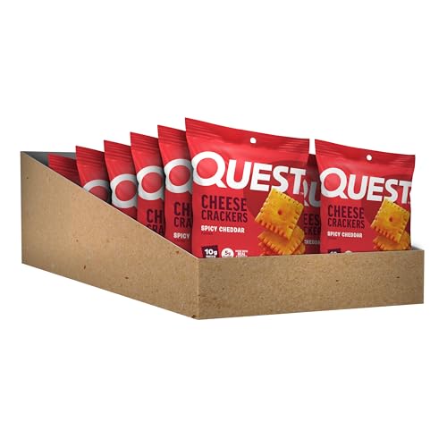 Quest Spicy Cheddar Crackers packaging displays 12-pack convenience for busy days.
