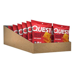 Quest Spicy Cheddar Crackers packaging displays 12-pack convenience for busy days.