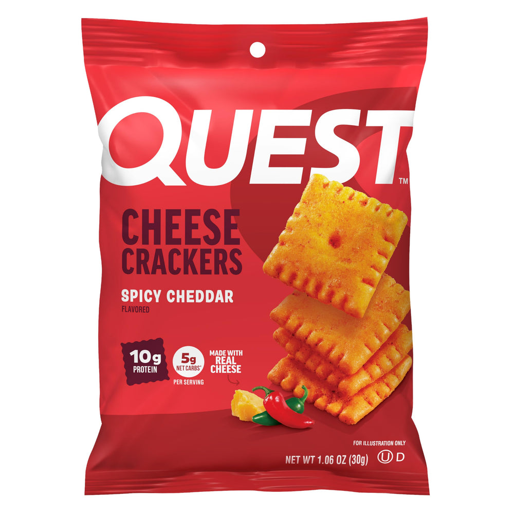 Quest Spicy Cheddar Crackers product shot highlights real cheese flavor.
