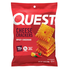 Quest Spicy Cheddar Crackers product shot highlights real cheese flavor.