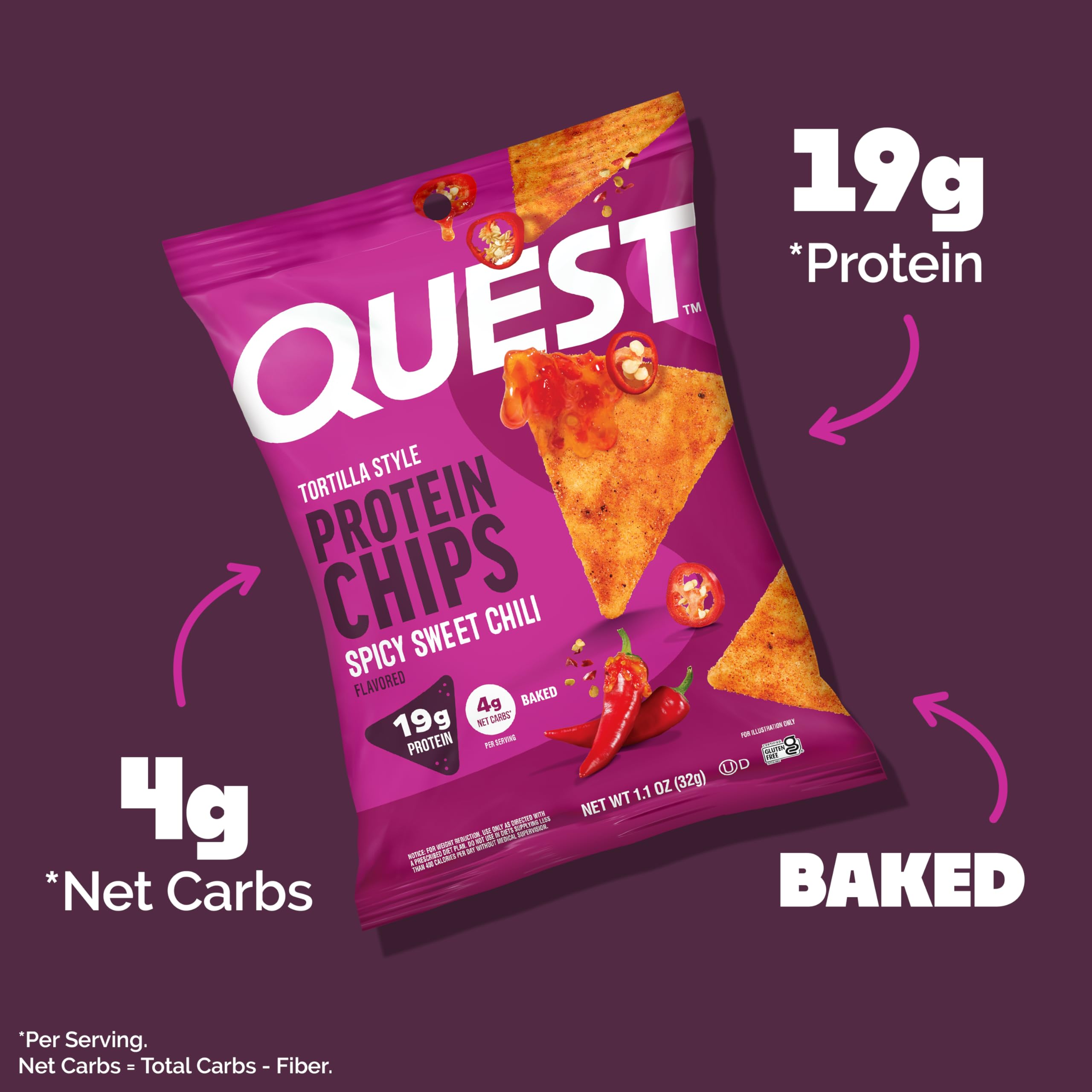 Baked-crisp Quest Nutrition tortilla chip delivering light crunch