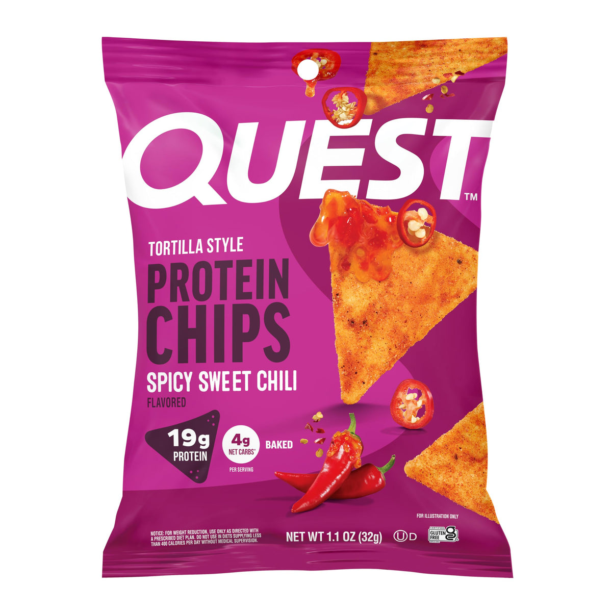Quest Nutrition spicy sweet chili tortilla chip pack on display, protein-packed snack option