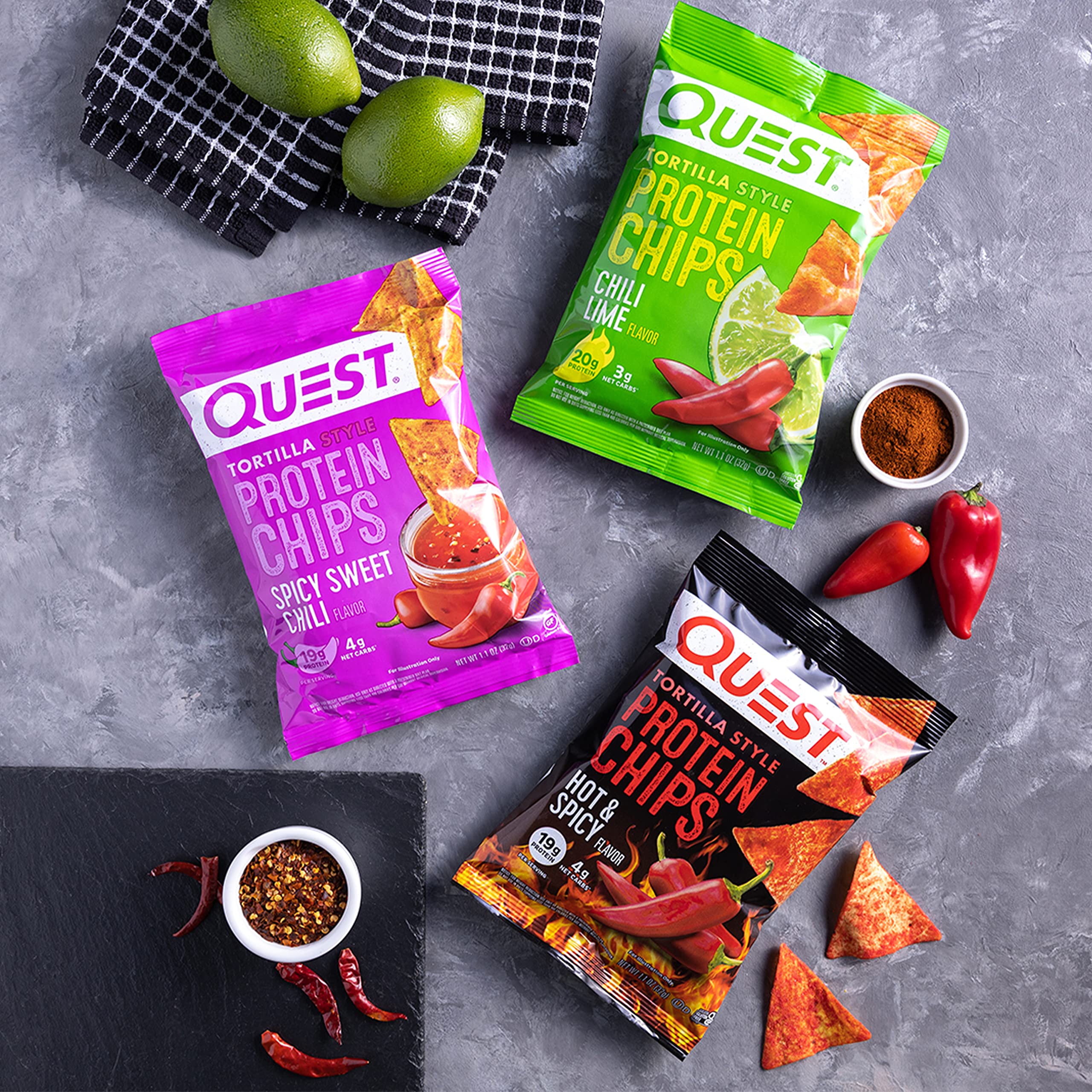 Quest tortilla-style protein chips chili lime bag showing zesty flavor and texture