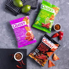 Quest tortilla-style protein chips chili lime bag showing zesty flavor and texture