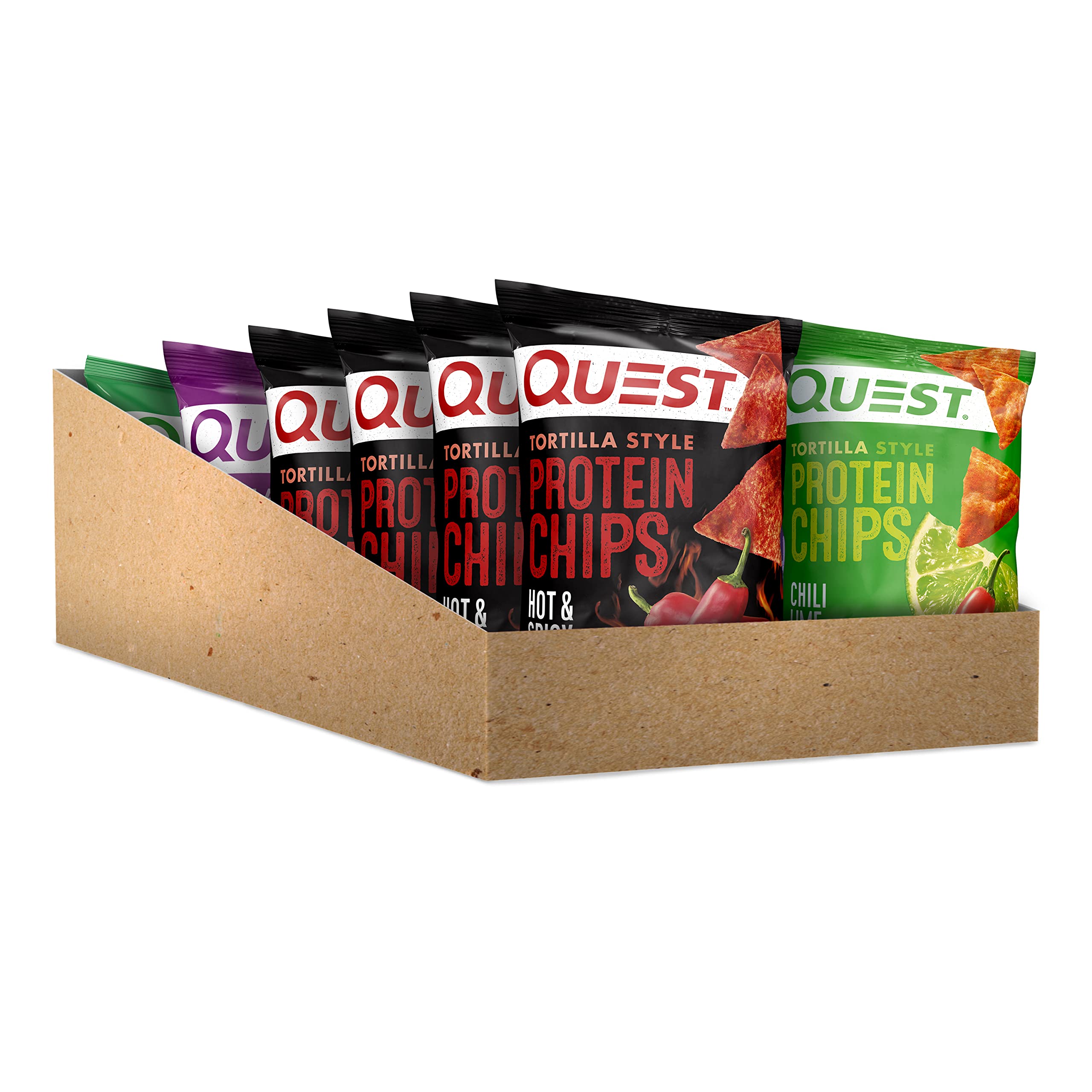 Quest tortilla-style protein chips hot-spicy bag close-up highlighting bold crunch