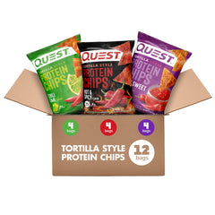 Quest tortilla-style protein chips variety pack packshot highlighting high-protein snack options for on-the-go