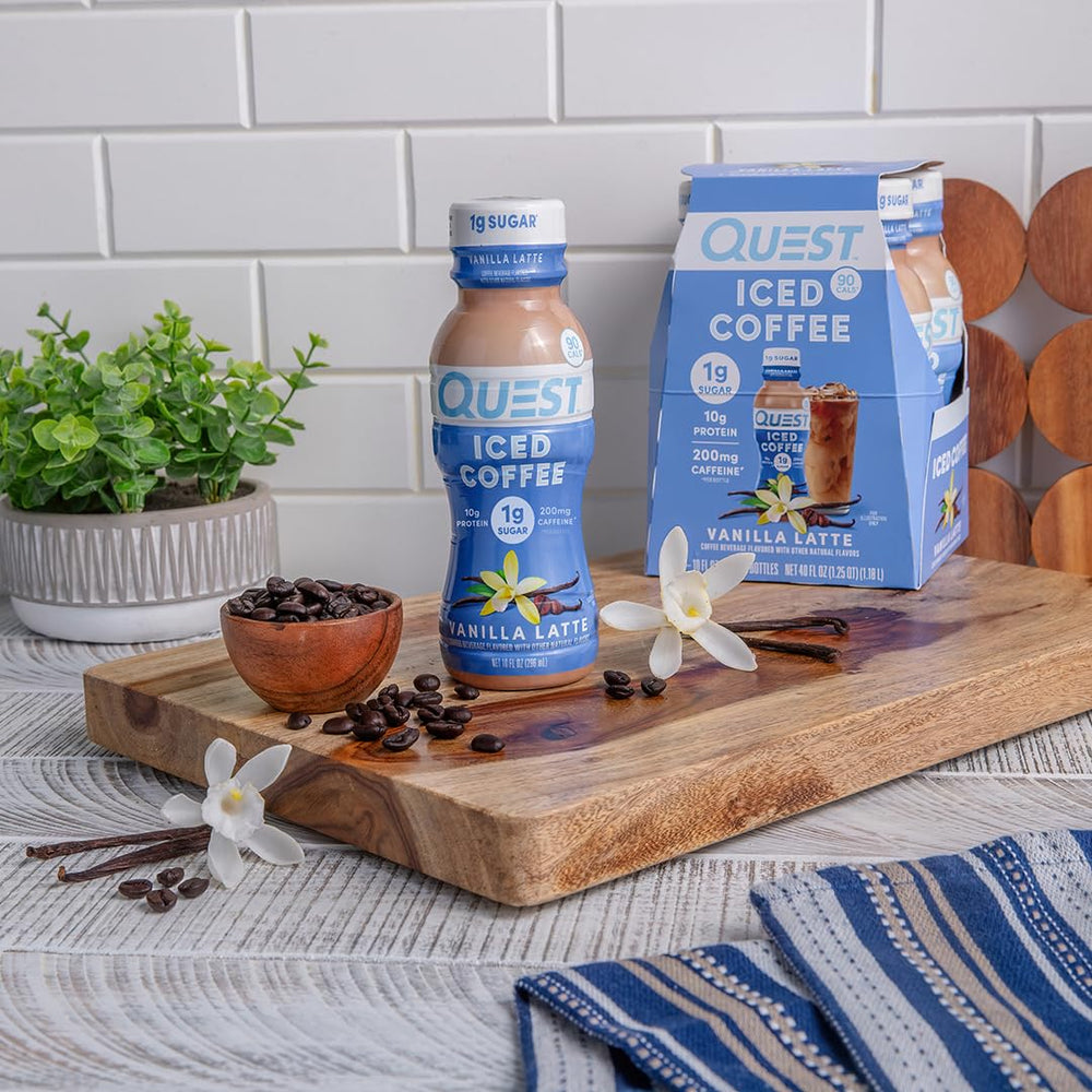 Quest Vanilla Latte Iced Coffee caffeine boost for workouts.