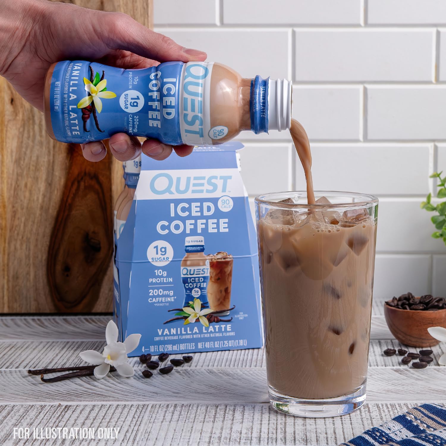 Quest Vanilla Latte Iced Coffee bottle with coffee shop-inspired label.