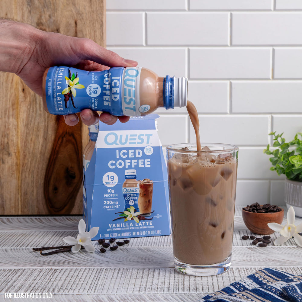 Quest Vanilla Latte Iced Coffee packaging, easy grab-and-go presentation.