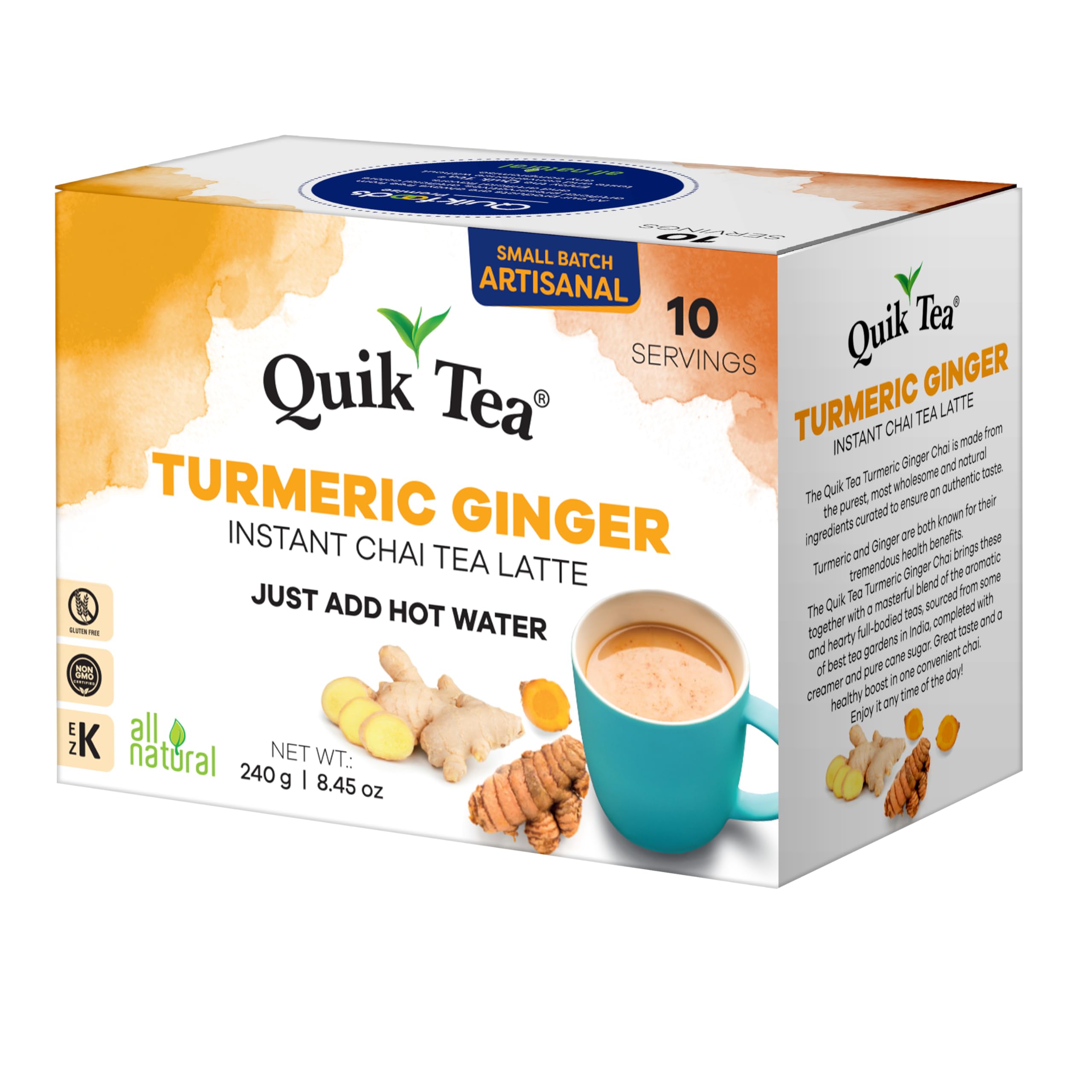 QuikTea turmeric ginger chai latte ingredients closeup, showcasing natural spices for rich flavor