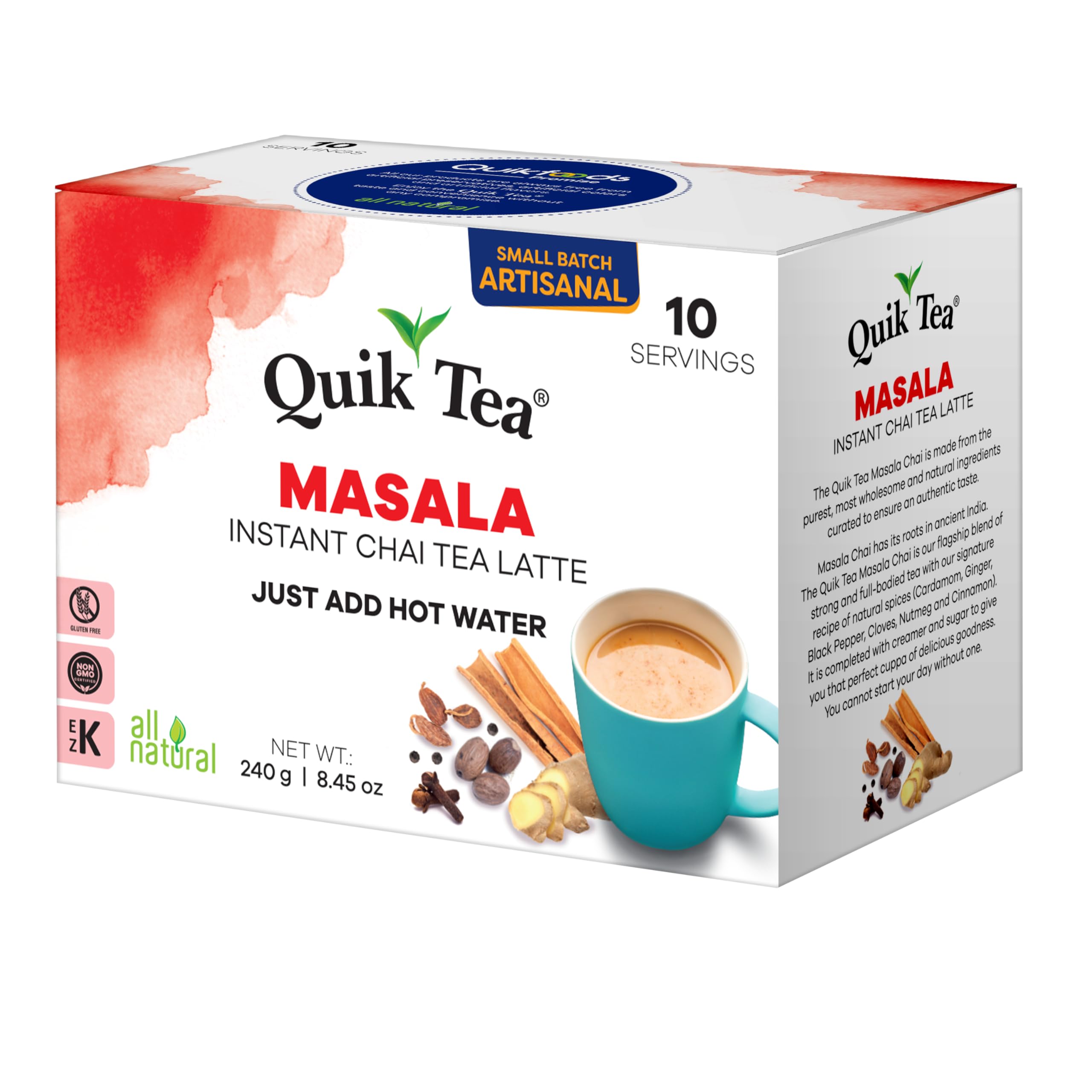 QuikTea Masala Chai aroma highlights premium Darjeeling and Assam notes.