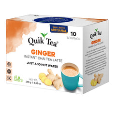 Quik Tea Ginger Chai Tea Latte cup steaming, ideal for a cozy, calming afternoon break.