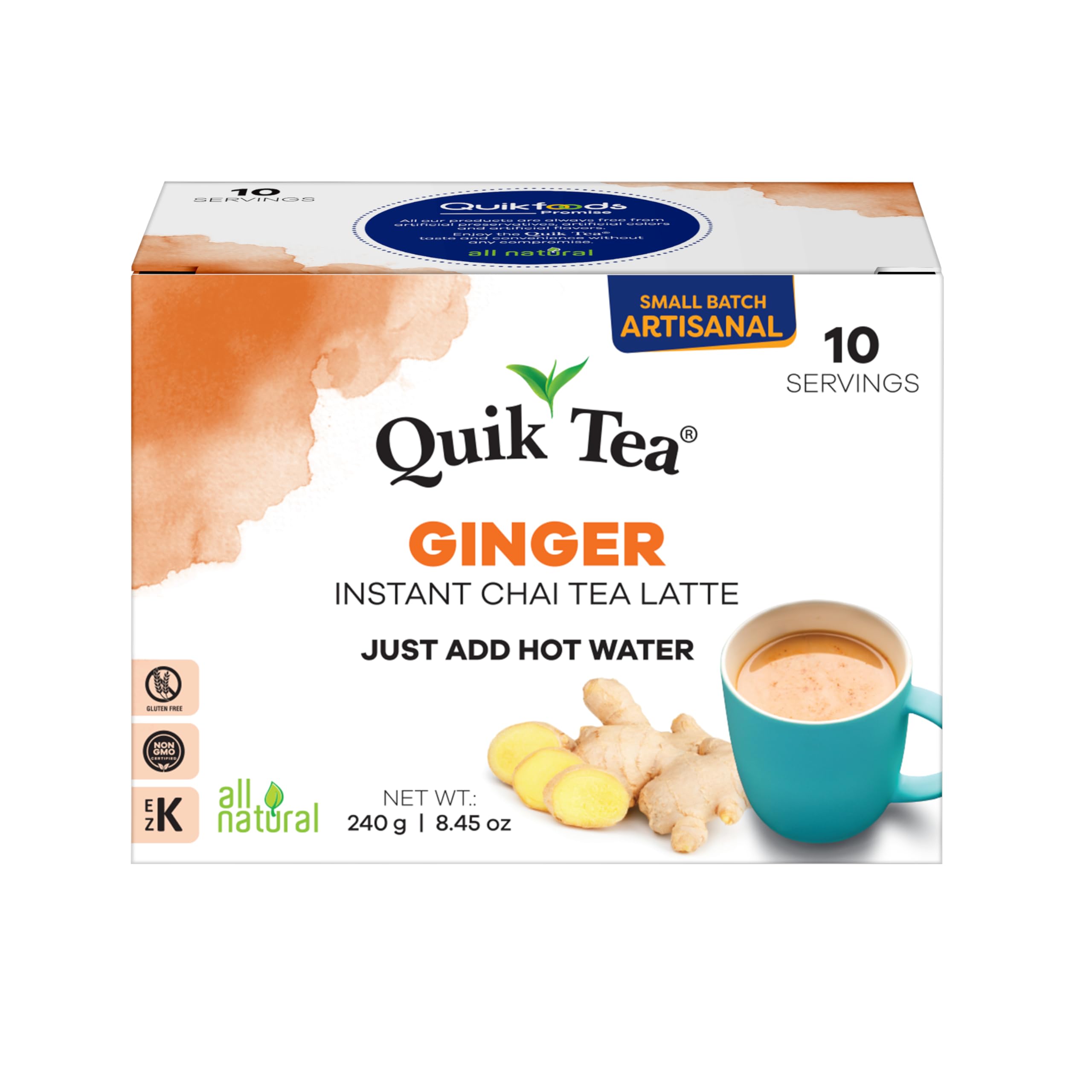 Quik Tea Ginger Chai Tea Latte pack showing a convenient 10-count box for flavorful mornings.