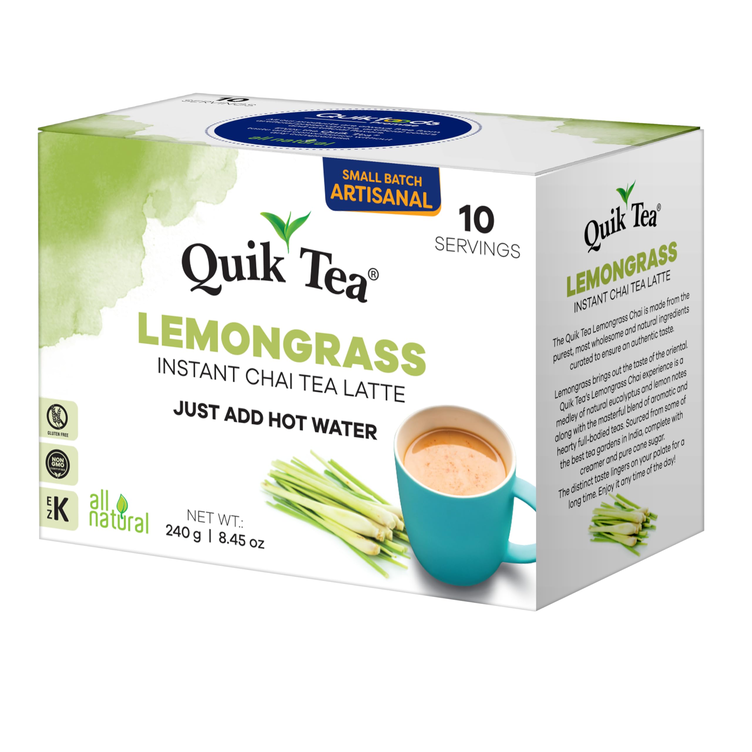 Steam rises from a cup of Quik Tea Lemongrass Chai Latte