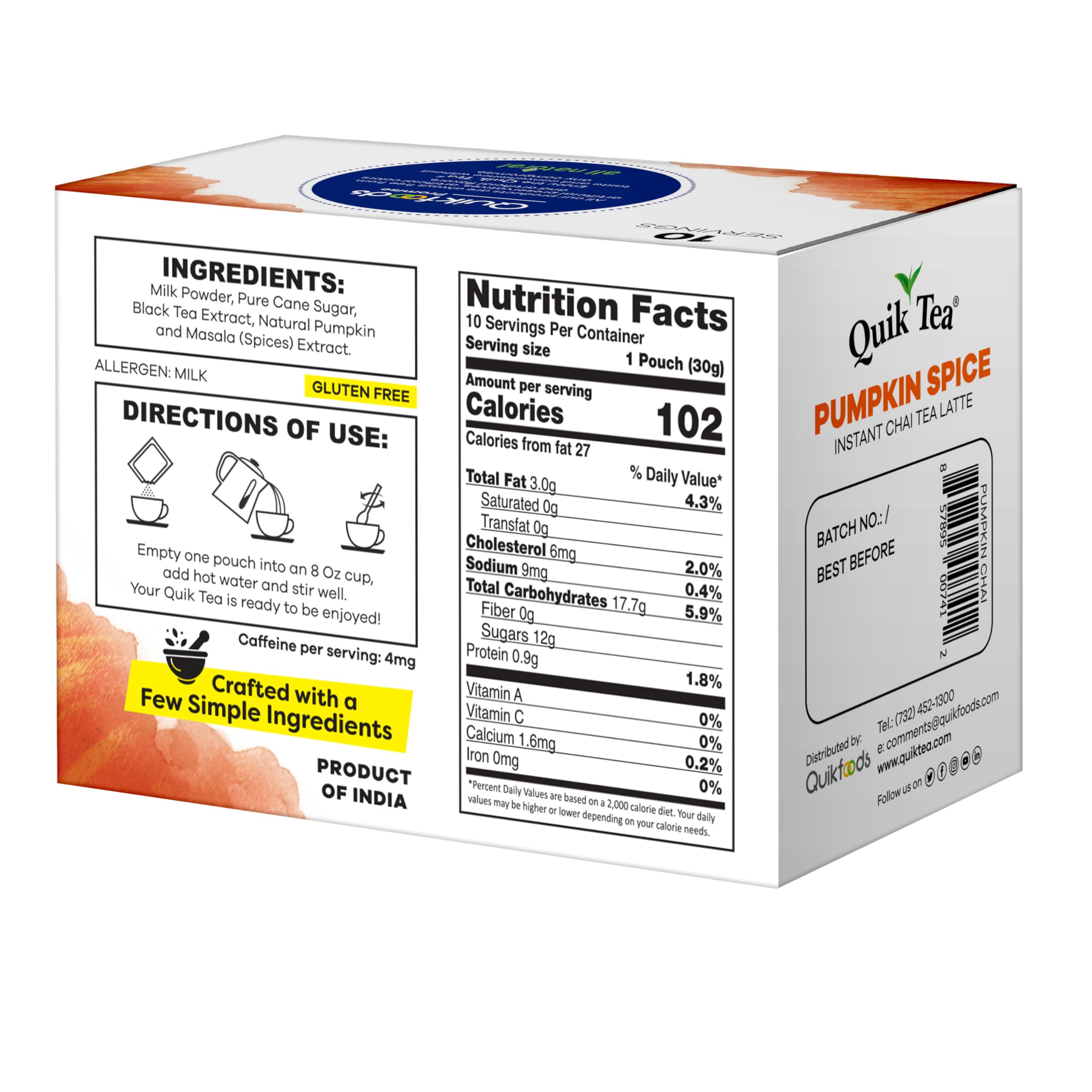 Quik Tea Pumpkin Spice Chai Latte cup with steam, ideal for a warm afternoon break.