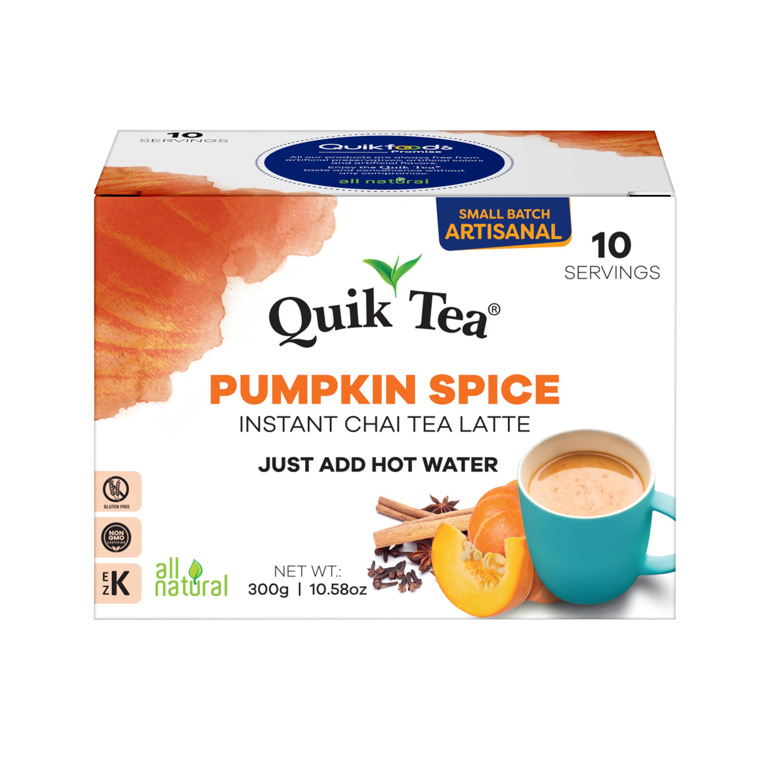 Quik Tea Pumpkin Spice Chai Latte packaging on display for a cozy autumn treat.