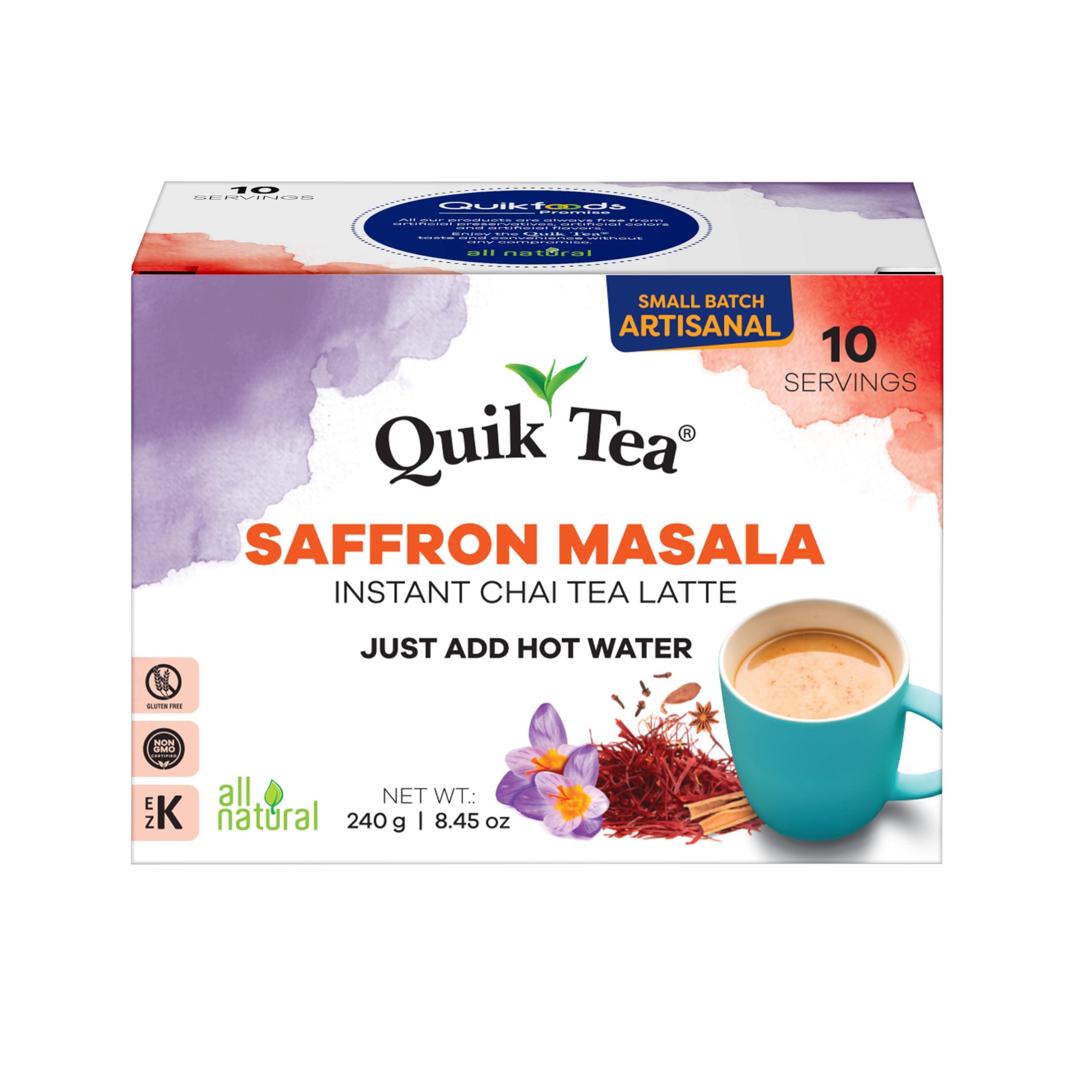 Quik Tea saffron masala chai latte packaging showcases convenient single-serve sachets for quick prep