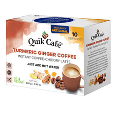 Quik Café closeup turmeric-ginger powder, vibrant spice notes.