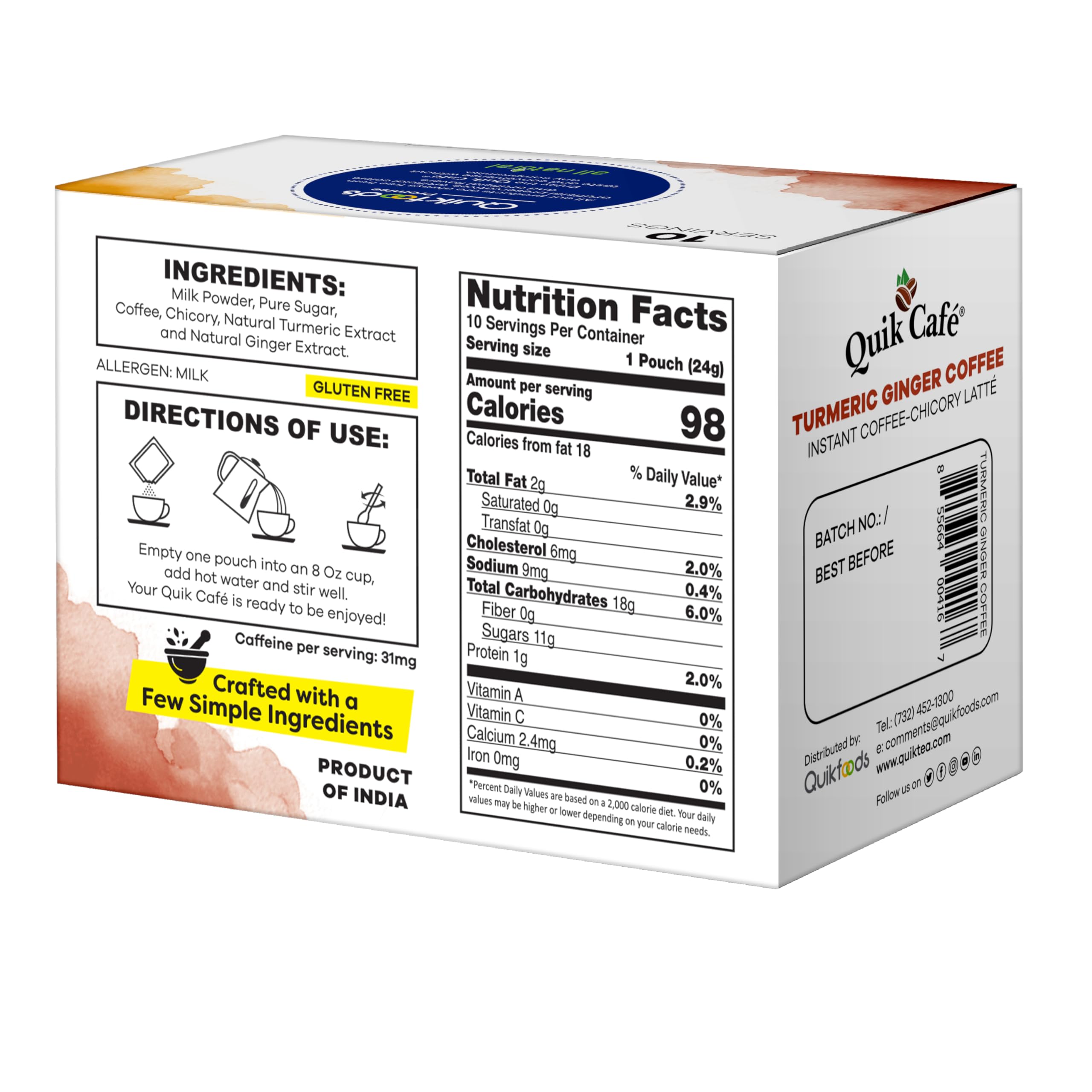 Quik Café cup steaming with turmeric-ginger aroma, quick caffeine lift.