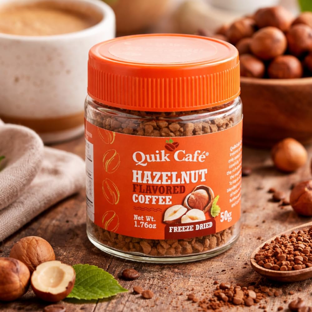 QuikCafé hazelnut coffee with milk pour showing versatile taste preferences