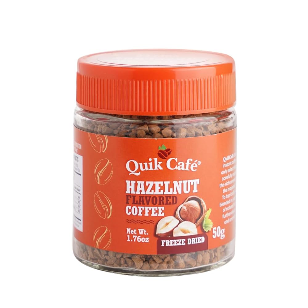 QuikCafé premium instant hazelnut coffee in a jar, quick, rich flavor at home